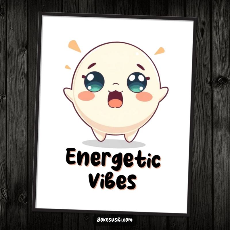 Funny mochi digital art print of a surprised character energetically bouncing, capturing vibrant surprise and dynamic fun. A lively digital decoration.