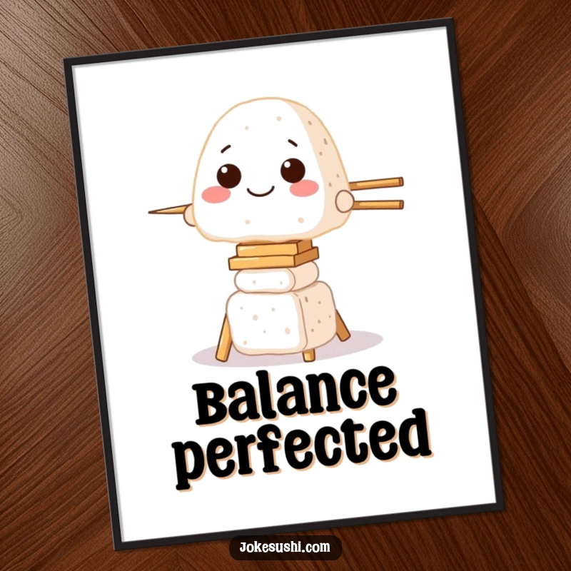 Funny digital art print of a grinning onigiri character balancing on a tower of chopsticks, a humorous illustration for instant decor.