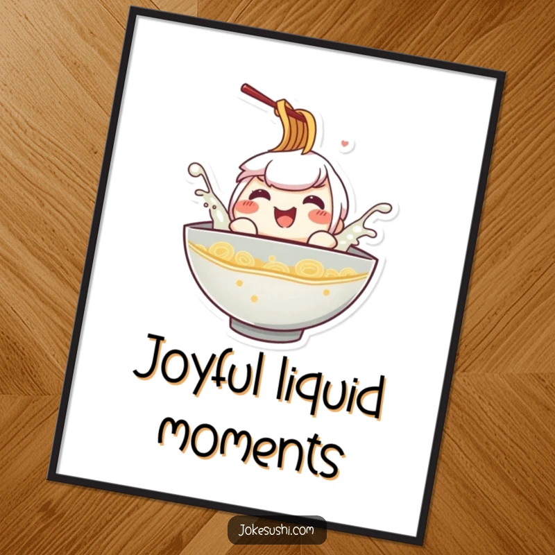 Funny ramen bowl digital art print, a character splashing playfully in broth, offering instant humor and vibrant decor.