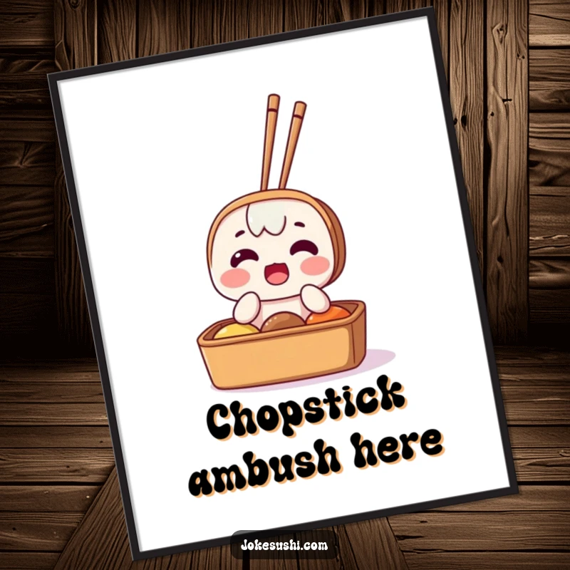 Funny digital art print of a surprised bento box character with chopsticks sticking out, ideal for humorous and quirky home decor.