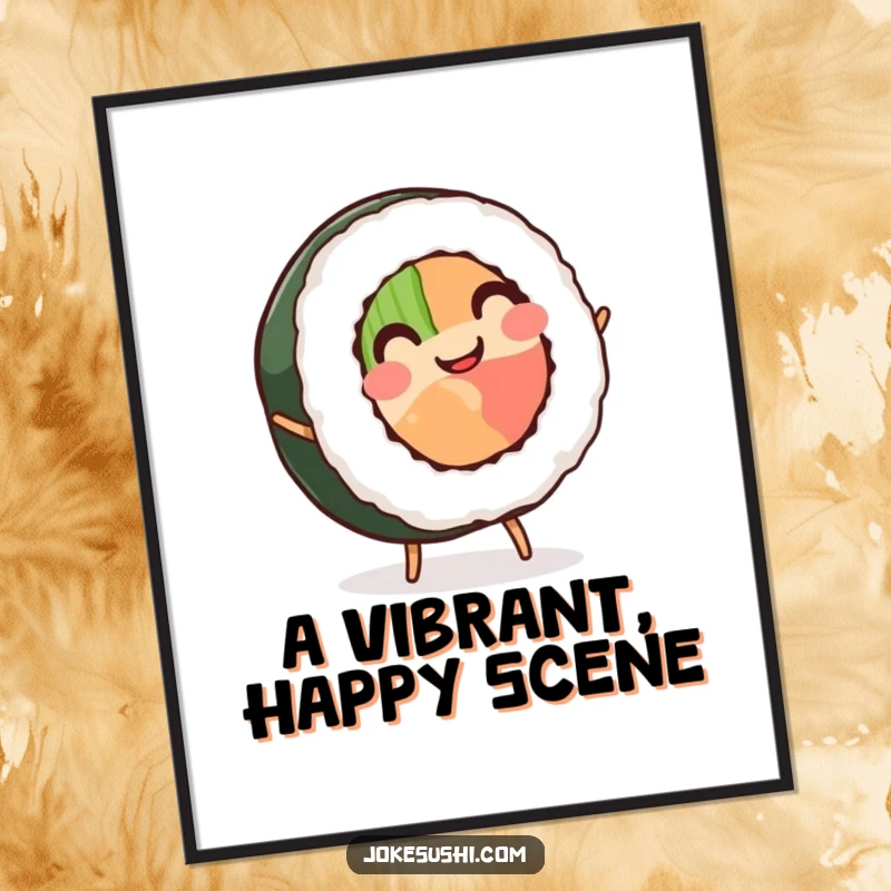 Funny Sushi Roll Digital Art Print: A smiling sushi roll with tiny legs performs a cartwheel, a dynamic, humorous, and downloadable artwork.