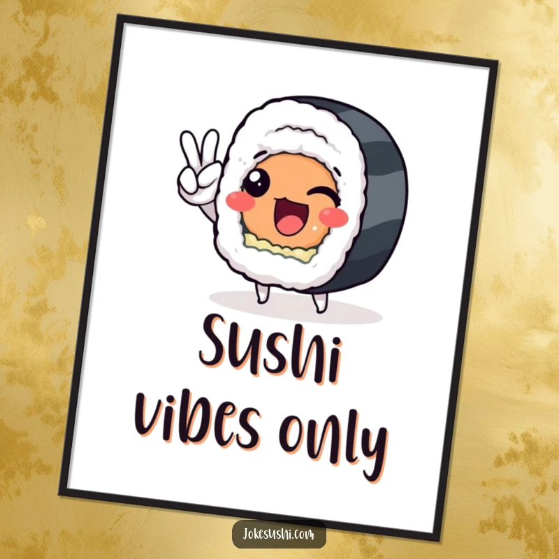 Printable funny sushi roll character giving a peace sign, a humorous digital art piece.