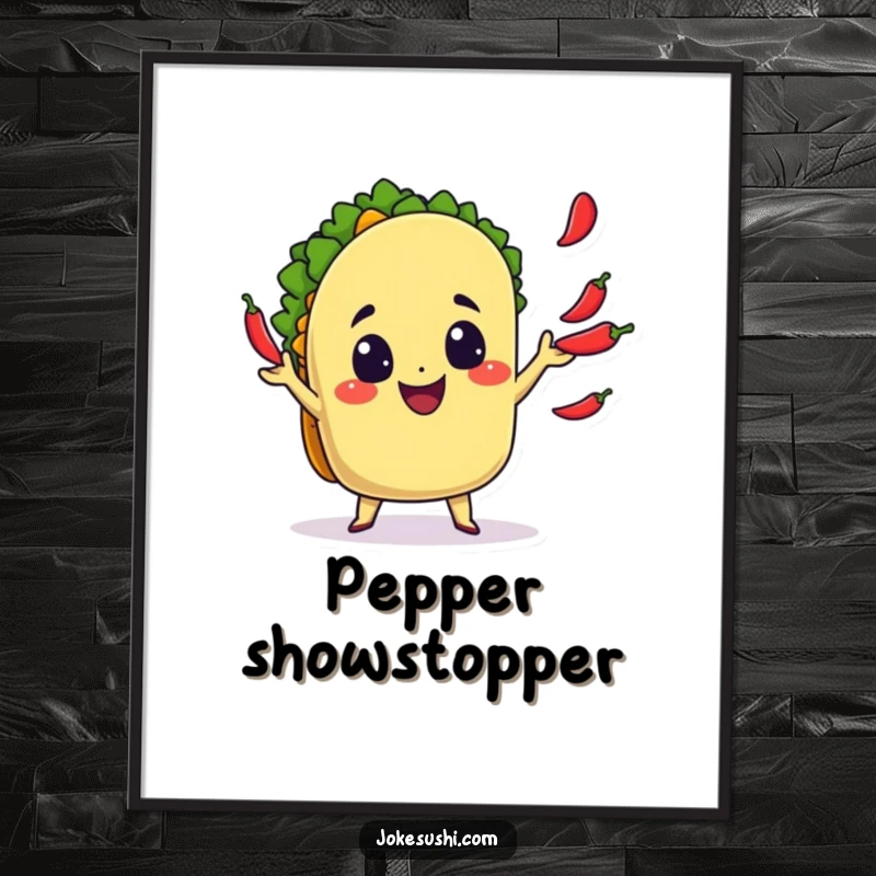 Funny Digital Art: A cheerful taco character juggling chili peppers, a festive and humorous piece for foodie decor.