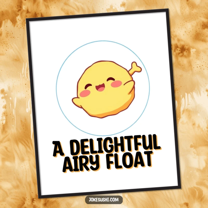 Funny Digital Art Print of a giggling tempura character joyfully floating on a bubble, perfect for whimsical art.