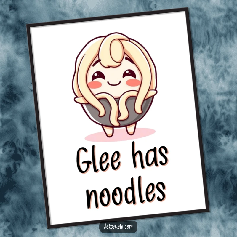 Funny digital art print of a delighted udon noodle character wiggling with glee, ideal for vibrant, humorous, and joyful home decor.