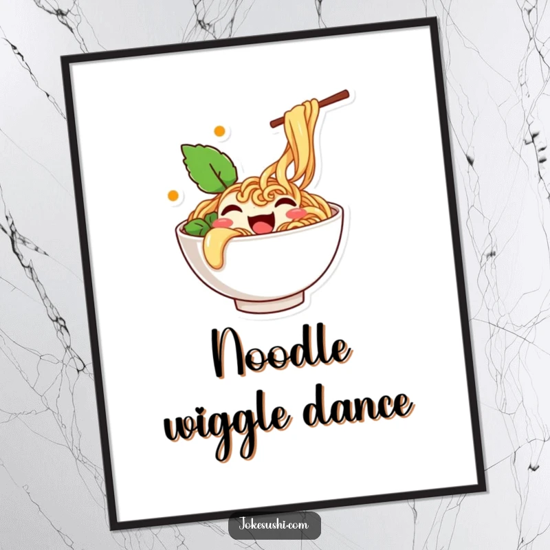 Funny digital art print of a happy ramen bowl character overflowing with noodles and wiggling with infectious energy.