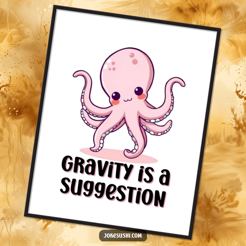 Funny kawaii octopus character performing a cartwheel with bouncy tentacles, a high-resolution digital art print for instant wall decor.
