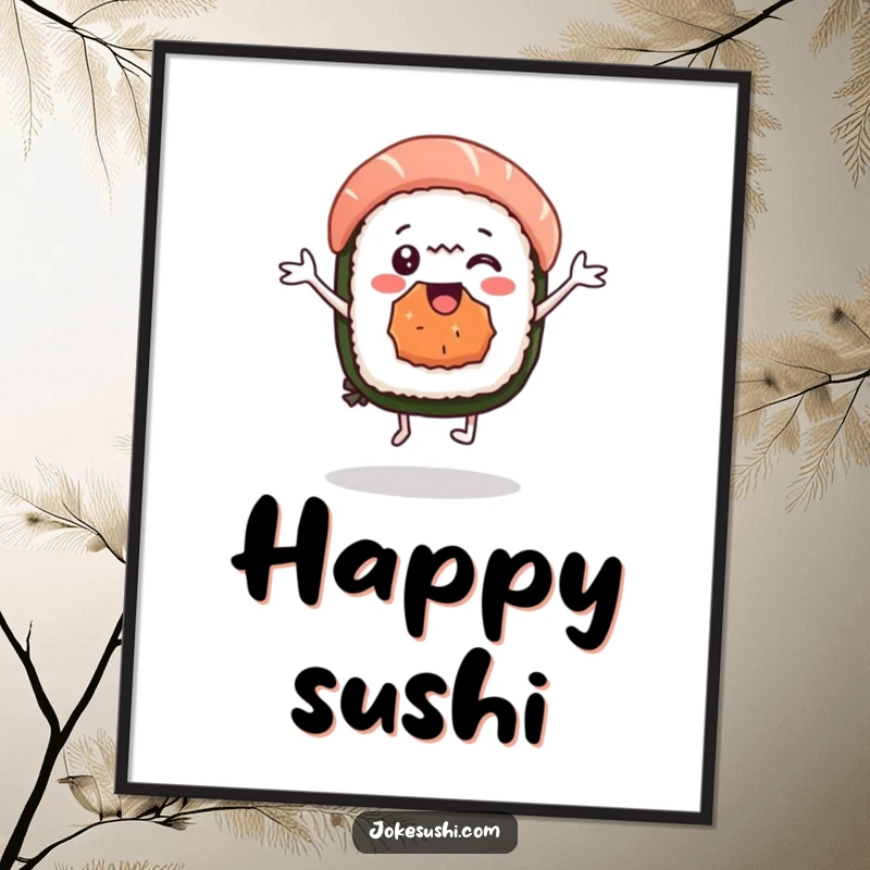Funny sushi nigiri digital art print of a delighted character dancing, capturing energetic joy and delicious fun. A vibrant digital decoration.