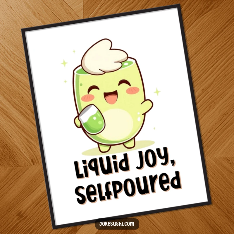 Funny digital art print of a happy matcha green tea character cheerfully pouring tea, a delightful and humorous decoration.