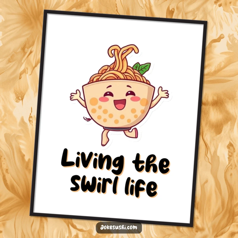Funny digital art print of a cheerful ramen bowl character dancing energetically, noodles swirling in a joyful pattern, ready to frame.