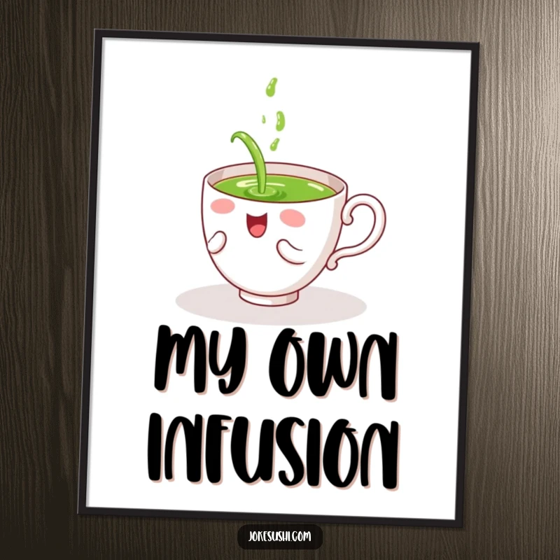Funny digital art print of a giggling tea cup character spilling green tea on itself, perfect for whimsical and humorous decor.