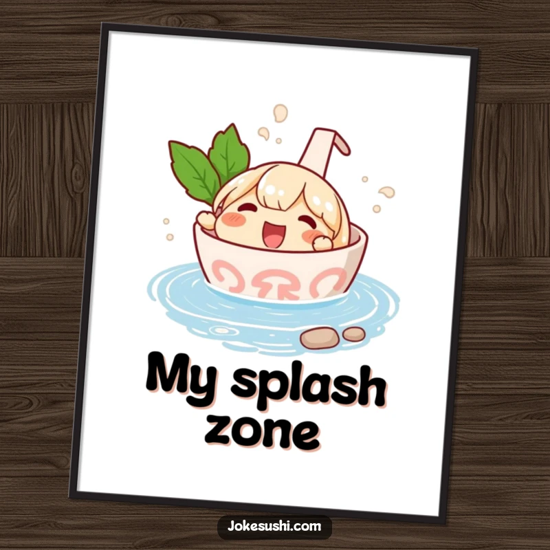 Funny digital art print of a happy ramen bowl character splashing in a miniature hot spring, perfect for serene and humorous decor.