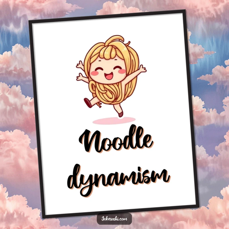 Funny digital art print of a smiling udon noodle character performing a cartwheel, ready to be printed and displayed.