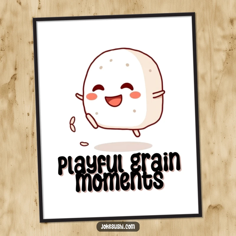 Funny digital art print of a grinning onigiri character playfully kicking a rice grain, offering instant whimsical decor.