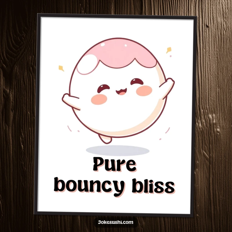 Funny mochi digital art print featuring a happy character bouncing enthusiastically like a ball, embodying pure joy and playful art.
