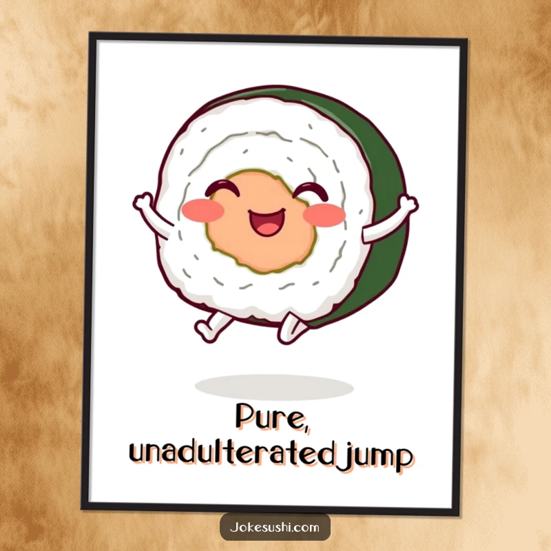 Funny sushi roll digital art print, a character with legs happily jumping, offering instant humor and vibrant decor.