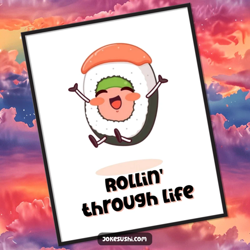 Funny digital art print of a sushi roll character with stubby legs joyfully doing a cartwheel, full of energy.