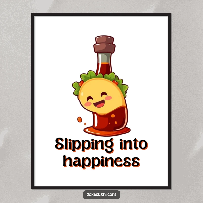 Funny digital art print of a grinning taco character sliding down a soy sauce bottle, offering instant humorous decor.