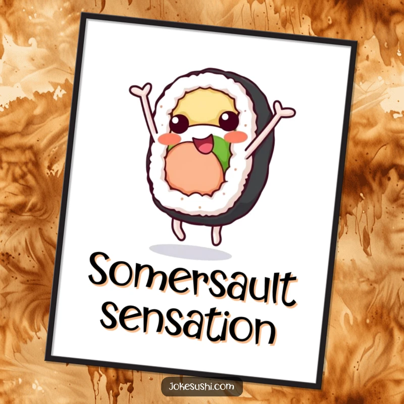 Funny Digital Art: A sushi roll character cheerfully performing a somersault, a fun and energetic piece for foodie decor.