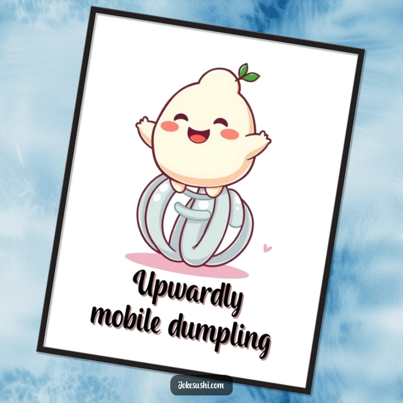 Funny grinning dumpling character bouncing high on a giant spring, a high-resolution digital art print for instant wall decor.