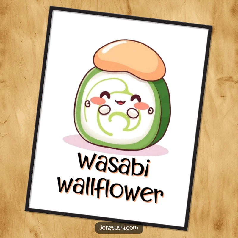 Funny shy cucumber roll digital art print of a cute sushi peeking from behind wasabi, ready to add charm.