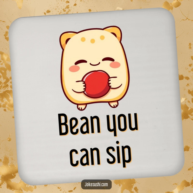 Funny drink coasters depicting a cheerful taiyaki character winking while holding a red bean, adding sweet and humorous charm to any surface.