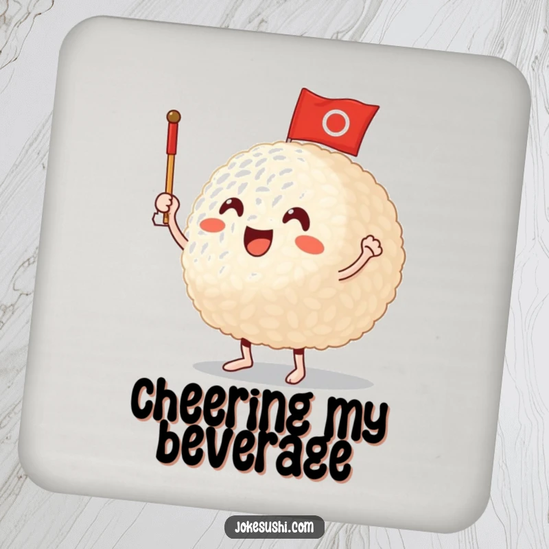 Funny Coaster: A rice ball character excitedly waving a small flag, adding fun and protection, a great funny gift.