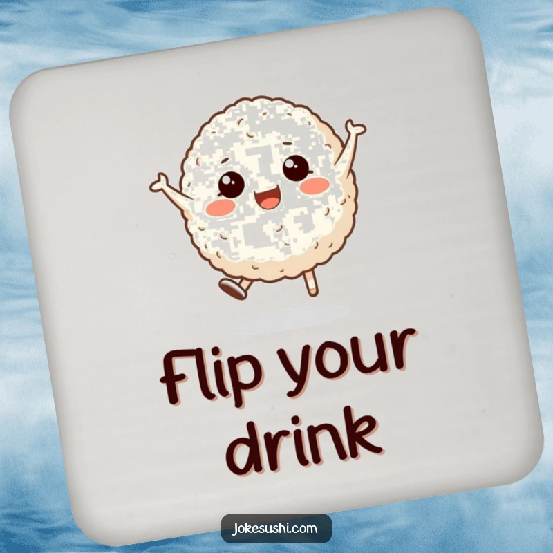 Funny drink coaster showcasing a smiling rice ball character doing a cartwheel, adding a playful and protective touch to any surface.