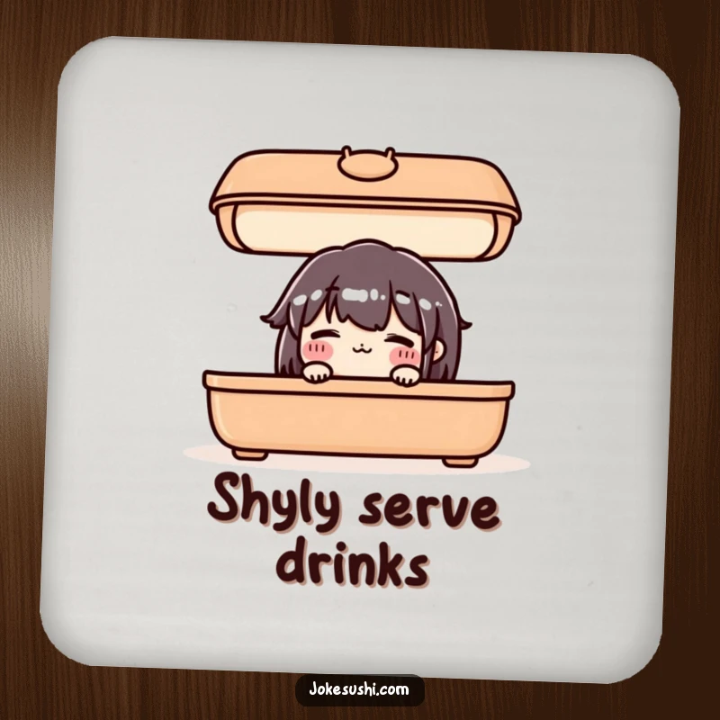 Funny drink coaster depicting a blushing bento box character peeking out, protecting furniture with cute humor.