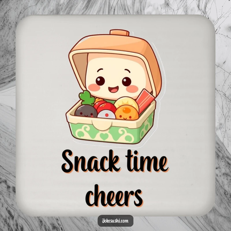 Funny drink coasters featuring a grinning bento box popping open to reveal smiling food items, for tabletops.