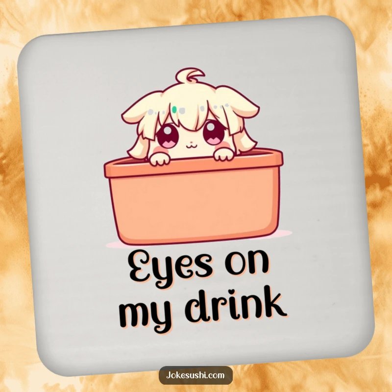 Funny bento box coasters, a character peeking with wide eyes, protecting surfaces with humorous surprise.