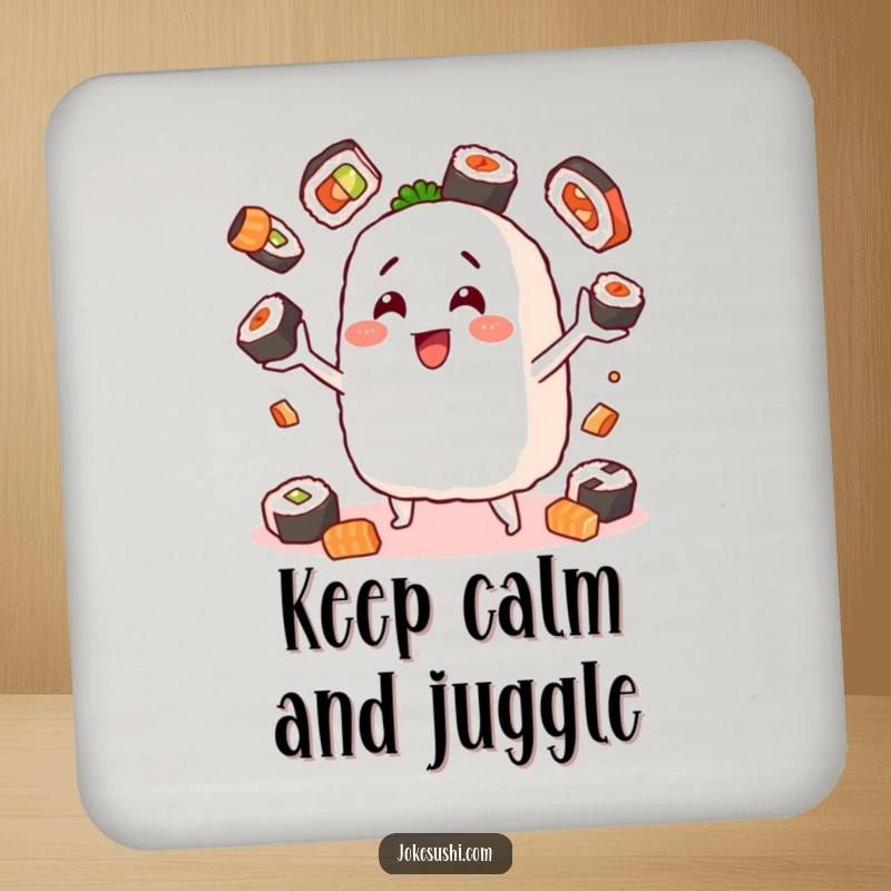 Funny drink coaster featuring a cheerful onigiri character juggling sushi, protecting furniture with delightful, savory charm.