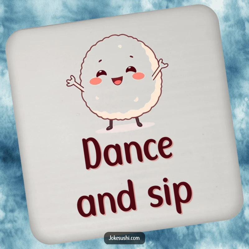 Funny drink coaster showcasing a smiling rice ball character in a silly dance, adding a cheerful and humorous element to your table.