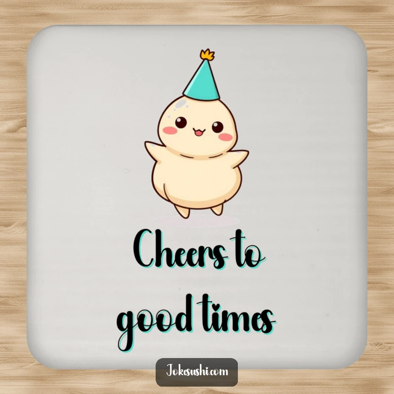 Funny dumpling party coasters, a character in a party hat spinning, adding festive humor to table settings.