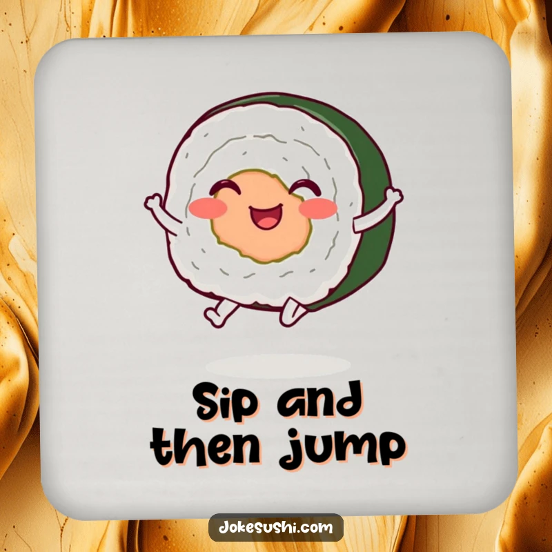 Funny sushi roll coasters, a character with legs jumping, protecting surfaces with a dose of humor.