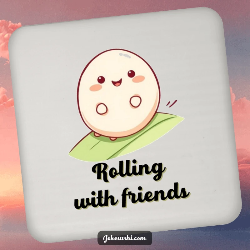 Funny Mochi Coaster: Smiling mochi character rolling happily down a gentle slope, perfect for drinks and adding a touch of funny sweetness.