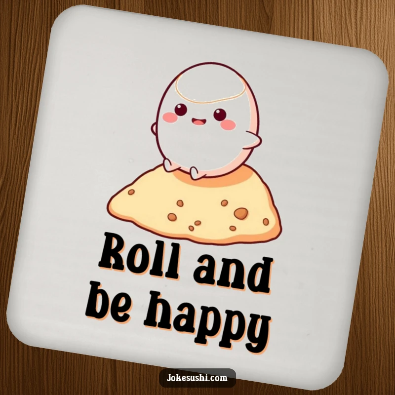 Funny drink coasters depicting a bouncy mochi character rolling down a small hill, adding fun and humorous charm to any surface.