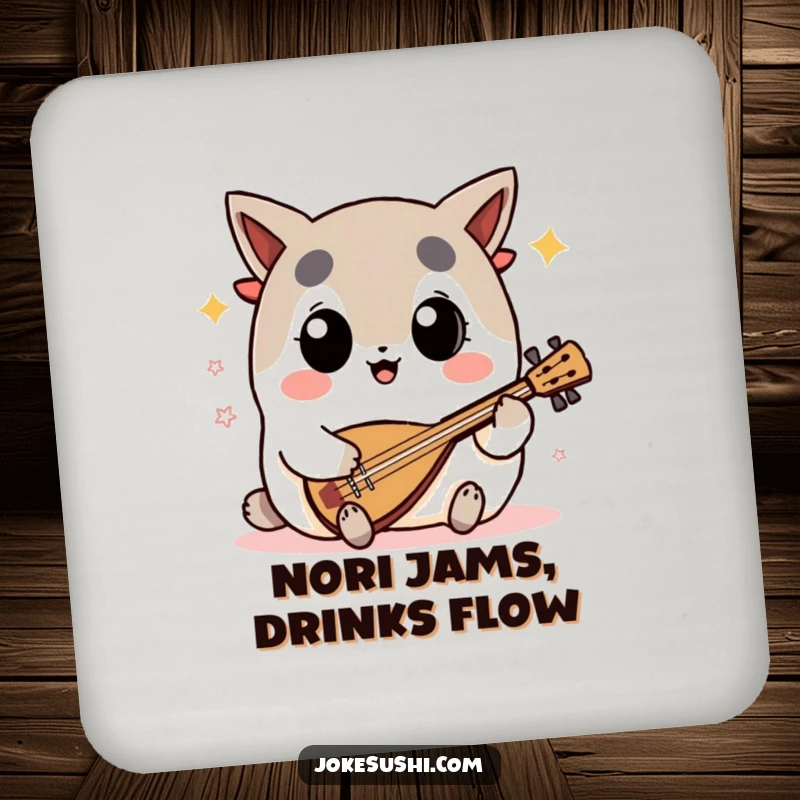 Funny nori seaweed coaster with a big-eyed character enthusiastically playing a shamisen, protecting surfaces with musical humor.