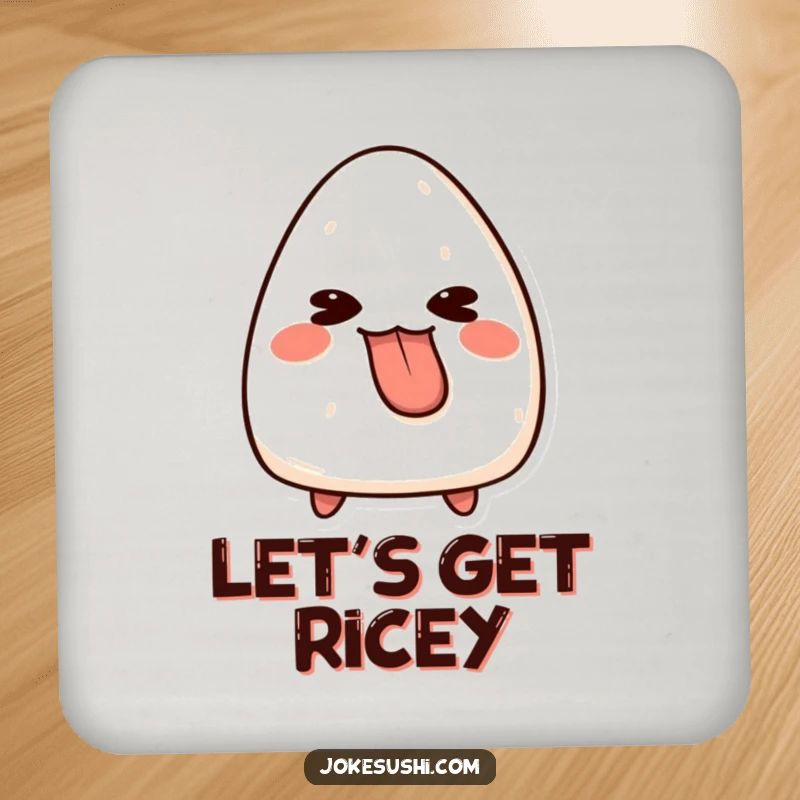 Funny onigiri drink coaster featuring a mischievous character sticking its tongue out, protecting surfaces with a humorous and cute design.