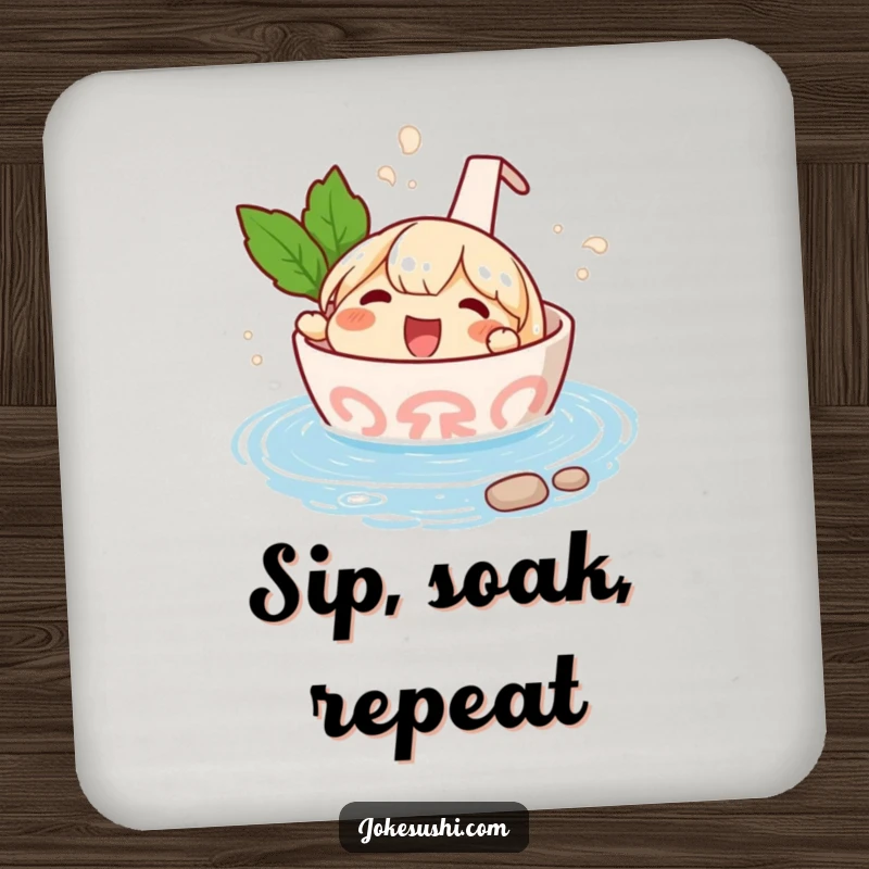 Funny drink coaster with a happy ramen bowl character splashing in a tiny hot spring, protecting surfaces with soothing charm.