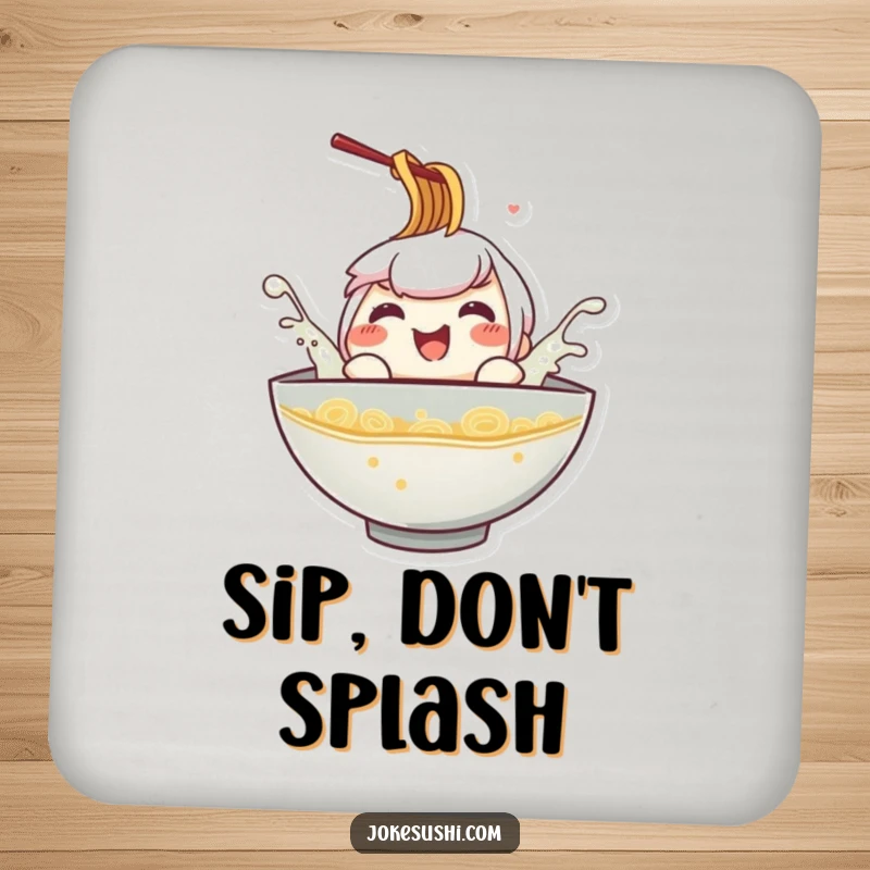 Funny ramen bowl coasters, a character splashing playfully in broth, protecting surfaces with a dose of humor.