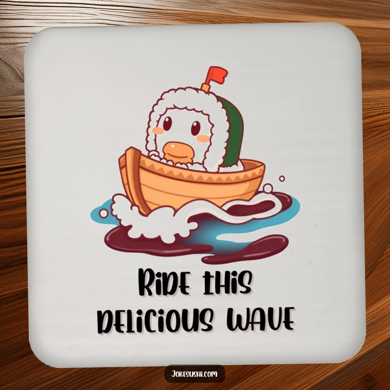 Funny Sushi Boat Coasters: A contented sushi boat character sailing on a soy sauce wave, protecting surfaces.
