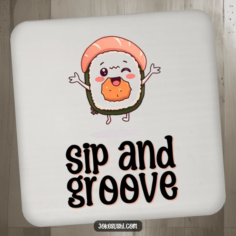 Funny sushi nigiri coaster featuring a delighted character dancing, adding playful charm and surface protection. A cute and practical item.