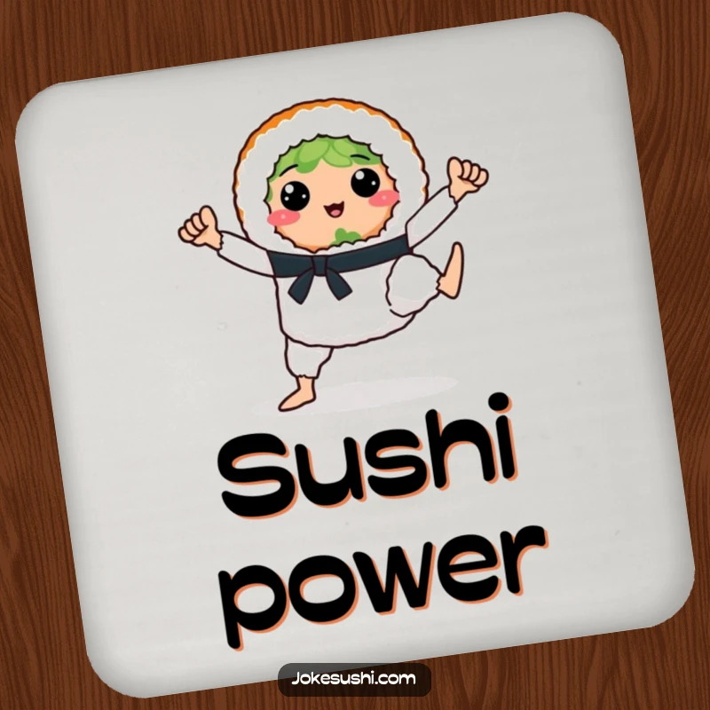 Set of funny sushi rolls performing karate poses on drink coasters, adding protective, humorous flair.