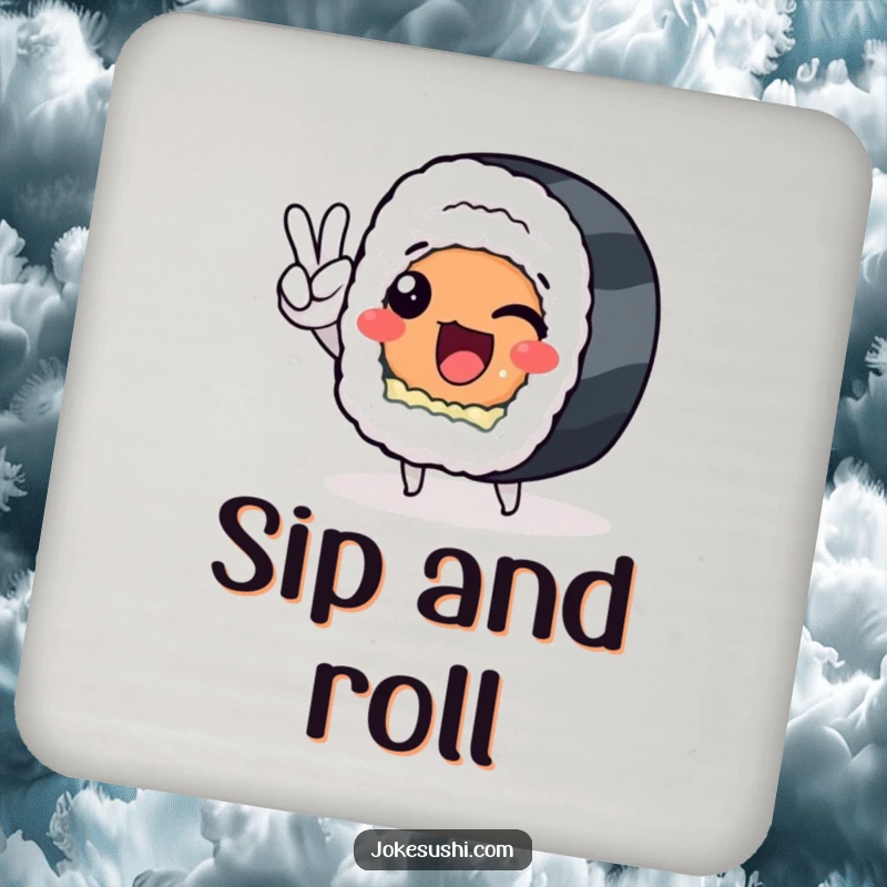 Funny sushi roll character giving a peace sign on drink coasters, adding humor to tables.