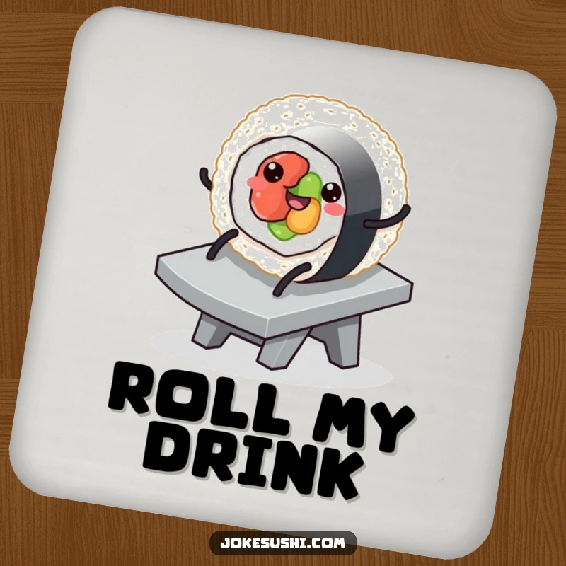 Funny drink coaster showcasing a sushi roll character with legs happily sliding down a slippery ramp, adding a humorous element to your table.