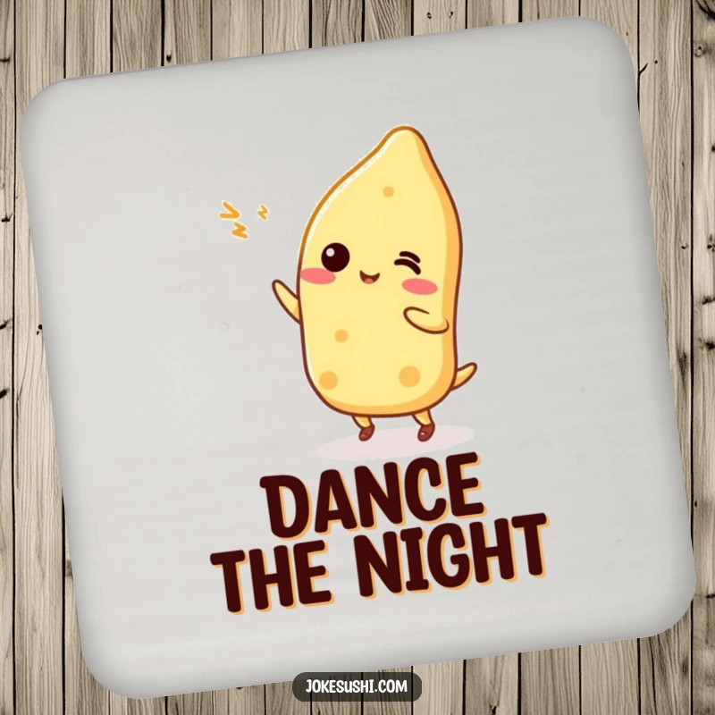 Set of funny Tamagoyaki characters doing silly dances on drink coasters, adding protective, humorous flair.
