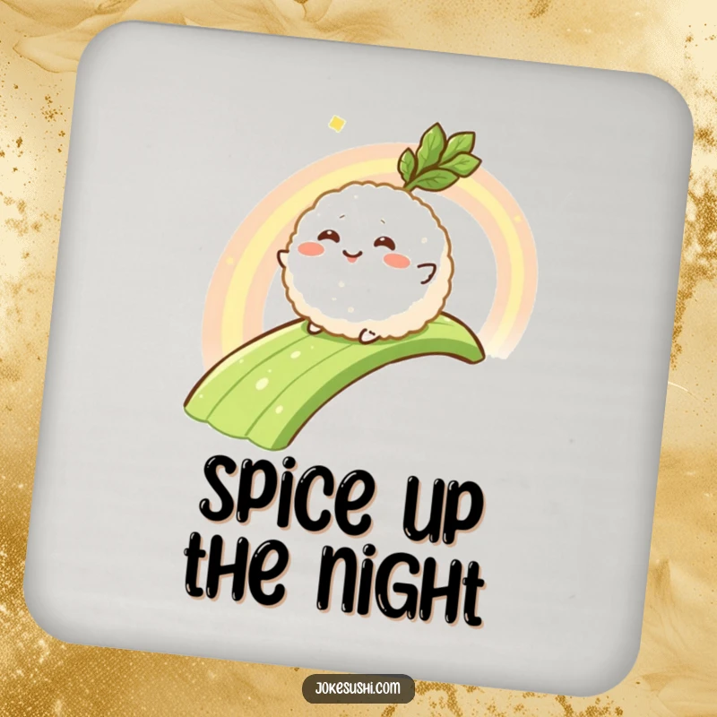 Funny drink coaster with a happy rice ball character sliding down a wasabi rainbow, protecting surfaces with spicy charm.