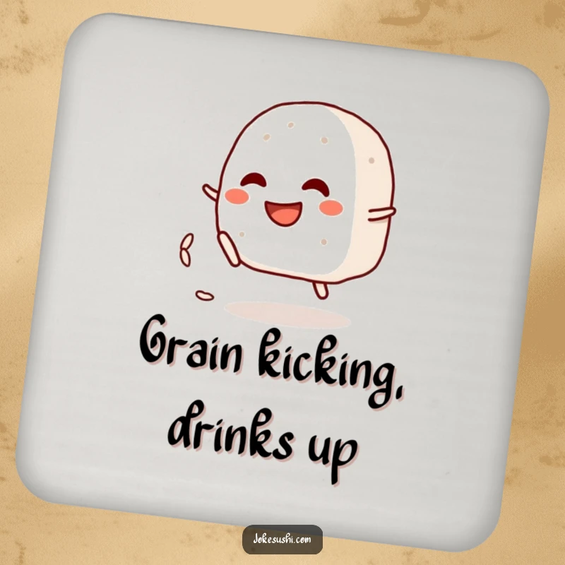 Funny coaster featuring a grinning onigiri character playfully kicking a rice grain, a humorous accessory for drinks.