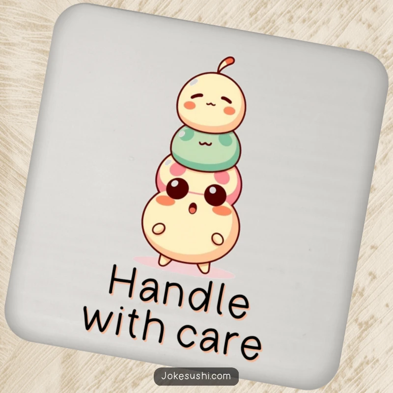 Funny Dango Coasters: A surprised dango character balancing on a precariously stacked three-ball treat, protecting surfaces.